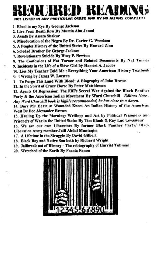 REQUIRLD READANG 1. Blood in my Eye By George Jackson 2. Live From Death Row By Mumia Abu Jamsl 3. Assata By Awata Shakur 4. Miseducation of the Negro By Dr. Carter G. Woodson . A Peoples History of the United States By Howard Zinn 6. Soledad Brother By George Jackson 7. Revolutionary Suicide By Huey P. Newton 8. The Confessions of Nat Tarner and Related Documents By Nat Turmer 9. Incidents in the Life of a Slave Girl by Harriet A. Jacobs 10. Lies My Teacher Told Me : Everything Your American Tistory Texthook G + Wrong by James W. Loewen 1 To Purge This Land With Blood: A Biography of John Brown 12. In the Spirit of Cray Horse By Peter Matthiessen 13. Agents OF Repression: The FBI’s Secret War Against the Black Panther Party & the American Indian Movement By Ward Churchill Jditors Note - Any Ward Churchill ook is highly recommended, he has close to a dozen. 14. Bury My Heart at Wonnded Knee: An Indian History of the Ame: ‘West By Dee Alexander Brown 15. Hauling Up the Moraing: Writings and Art by Political Prisoncrs and Prisoners of War in the United States By Tim Blank & Ray Luc Levasseur 16. We are our own Liberstors By former Black Panther Party/ Rlack Liberation Army member Jalil Abdul Muntagim 17. A Lifetime in the Struggle By David Gilbert 18. Black Boy and Native Son both by Richard Wright 19. Jailbreak out of History - The rebiography of Harriet Tubman 20, Wretched of the Earth By Frantz Fanon